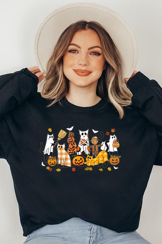 Black Cat Halloween Graphic Fleece Sweatshirt